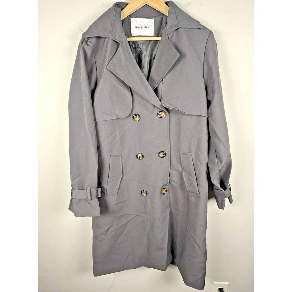 Katch Me Women's L Notch‎ Lapel Double Breasted Belt Trench Coat Gray NEW